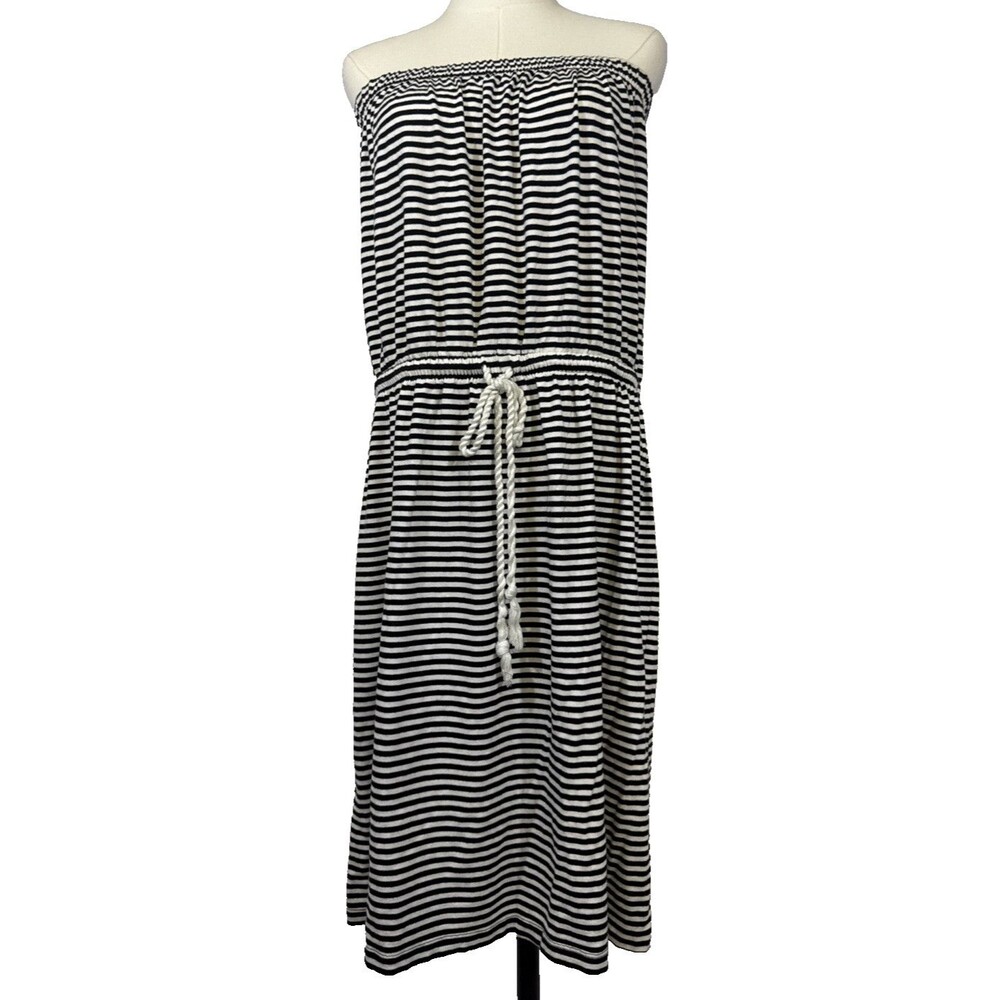 GAP Women’s Size XL Striped Dress Strapless Black White Tie Waist Stretch Vacay
